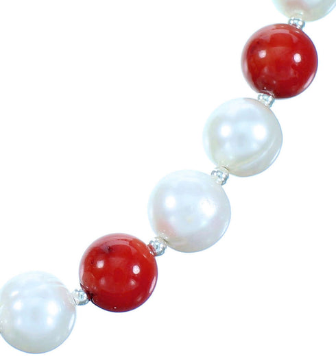 Genuine Sterling Silver Coral And Fresh Water Pearl Bead Necklace RX114230